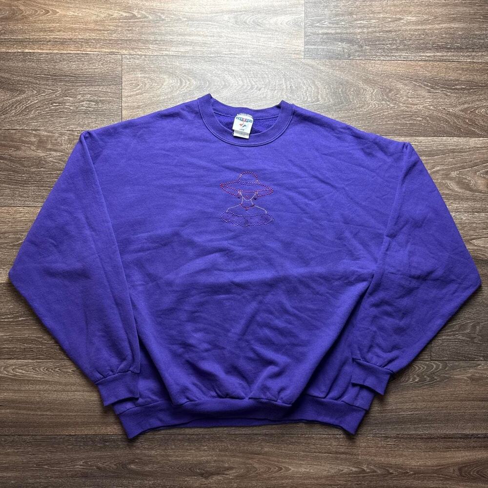 1990s Purple Crewneck Sweatshirt; Bedazzled Graphic of a Woman Figure